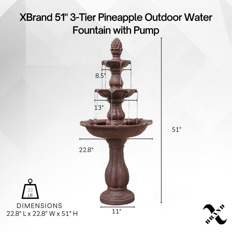 XBrand 3-Tier Water Fountain w/Pump & Pineapple Top, 51 Inch Tall, Large Outdoor Freestanding Waterfall Decor for Porch