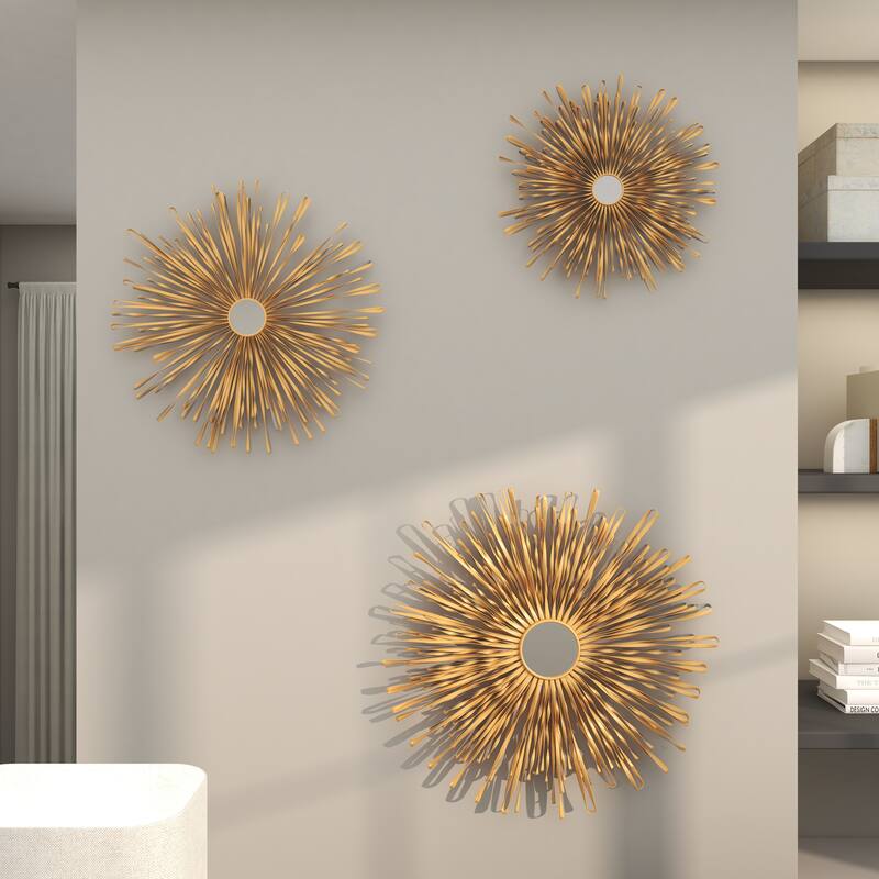 Metal 3D Looped Sunburst Wall Decor with Mirrored Center (Set of 3) - Silver or Gold