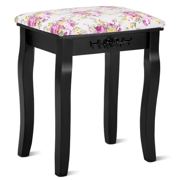 Vanity Wood Dressing Stool Padded Piano Seat with Rose Cushion-Black