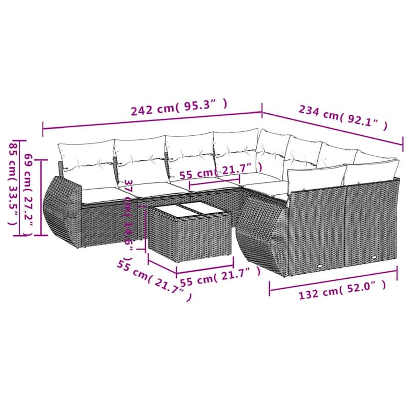 vidaXL 9 Piece Patio Sofa Set with Cushions Black Poly Rattan - 28 x 24.4 x 27.2