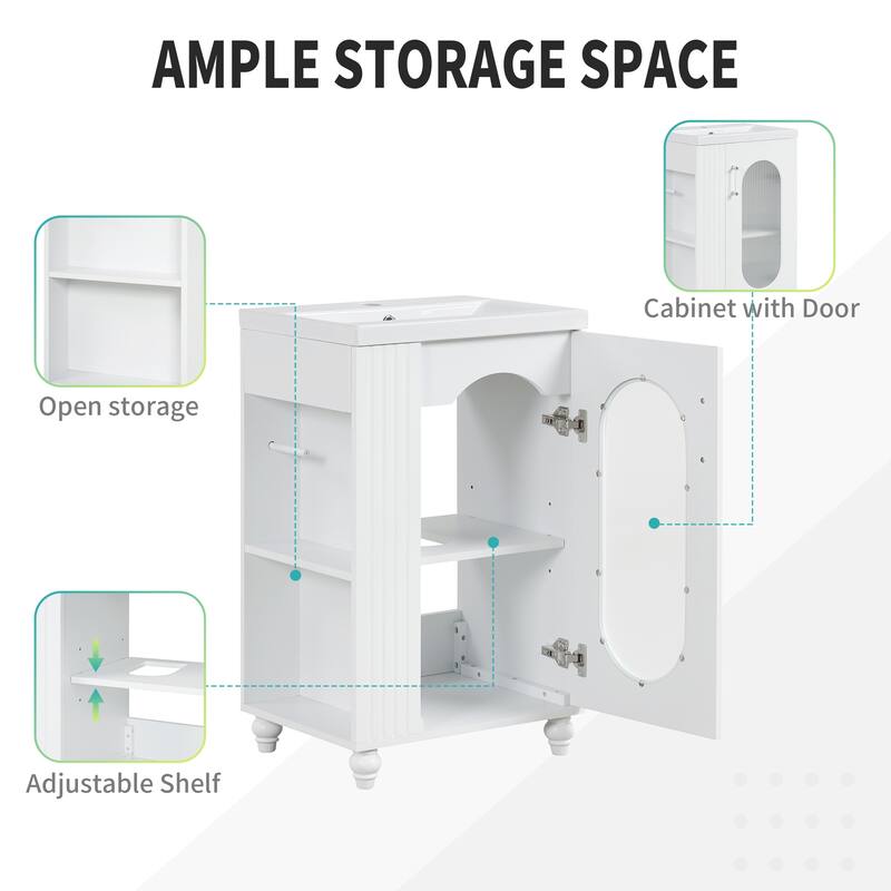 Freestanding Bathroom Vanity with Sink, Storage Cabinet with Oval Glass Door, Toilet Paper Holder and 2-tier Shelves