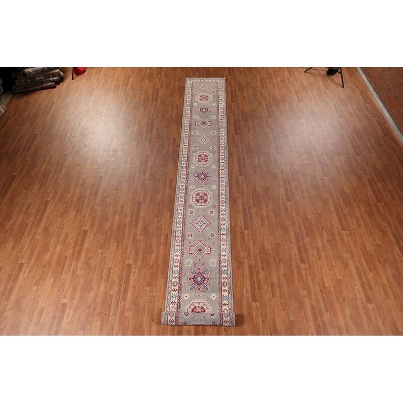 Gray Geometric Kazak Runner Rug Handmade Oriental Wool Carpet - 2'8" x 19'5"