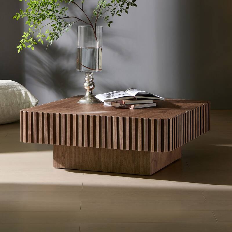 35.43 Inch Handcraft Drum Coffee Table Square Coffee Table for Living Room,Small Wooden Coffee Table with Sturdy MDF Pedesta - Walnut