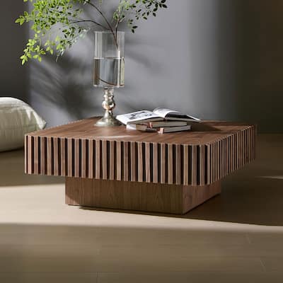 35.43 Inch Modern Handcraft Drum Coffee Table Square Coffee Table,Small Wooden Coffee Table with Sturdy MDF Pedesta,Walnut Color