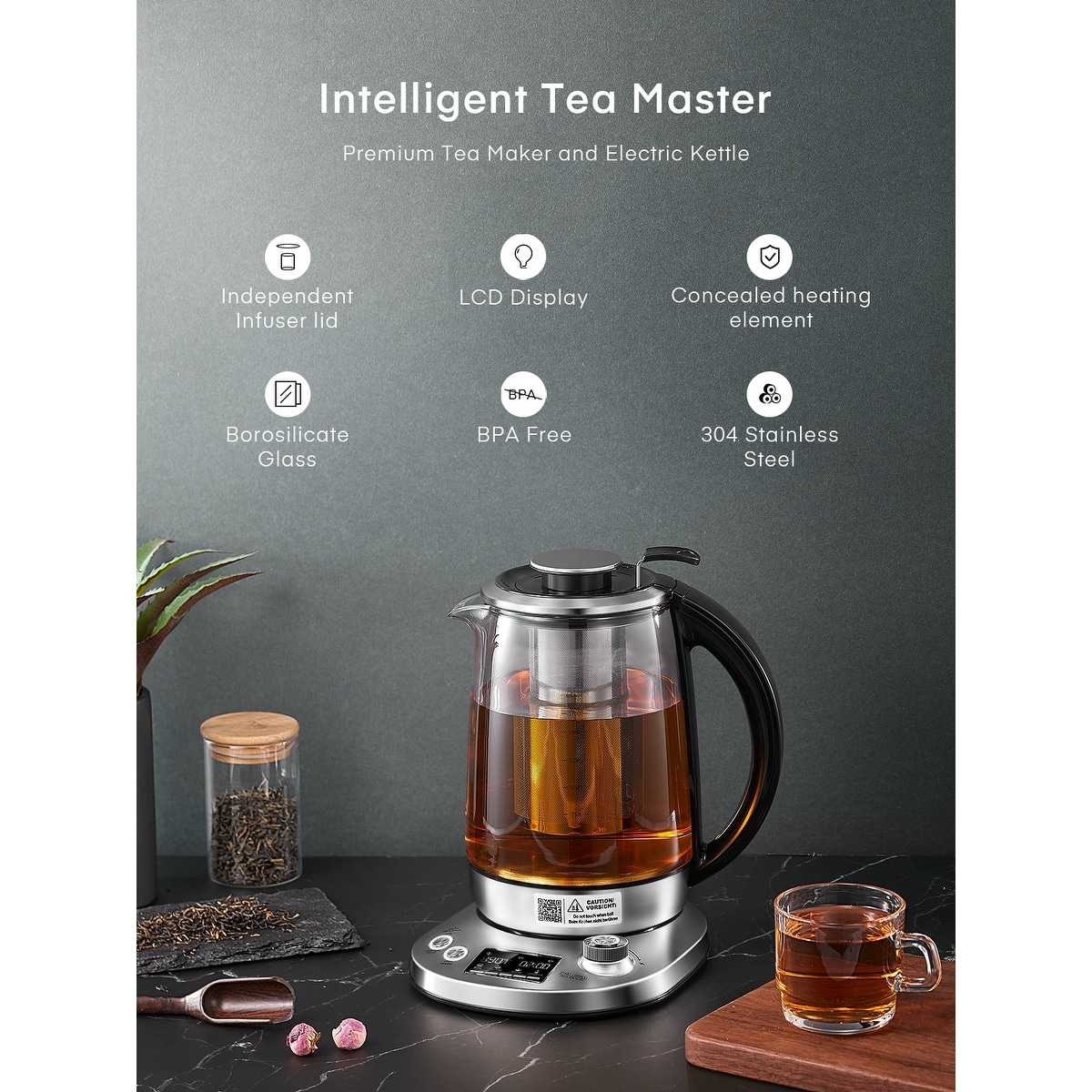 Electric Kettle Temperature Control with 9 Presets 2Hr Keep Warm Silver