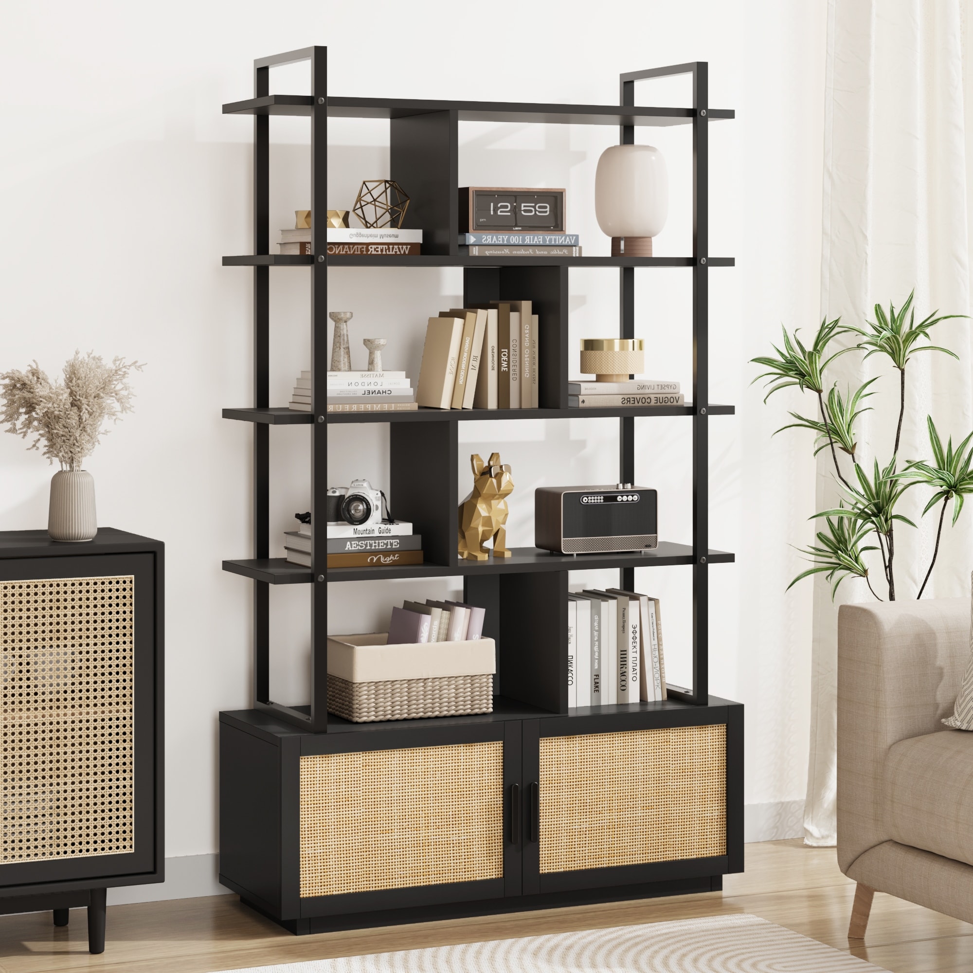 71.1" Tall 5-Tier Bookshelf, Bookcase with Storage Cabinet, Display Shelves and Metal Frame for Living Room, Bedroom