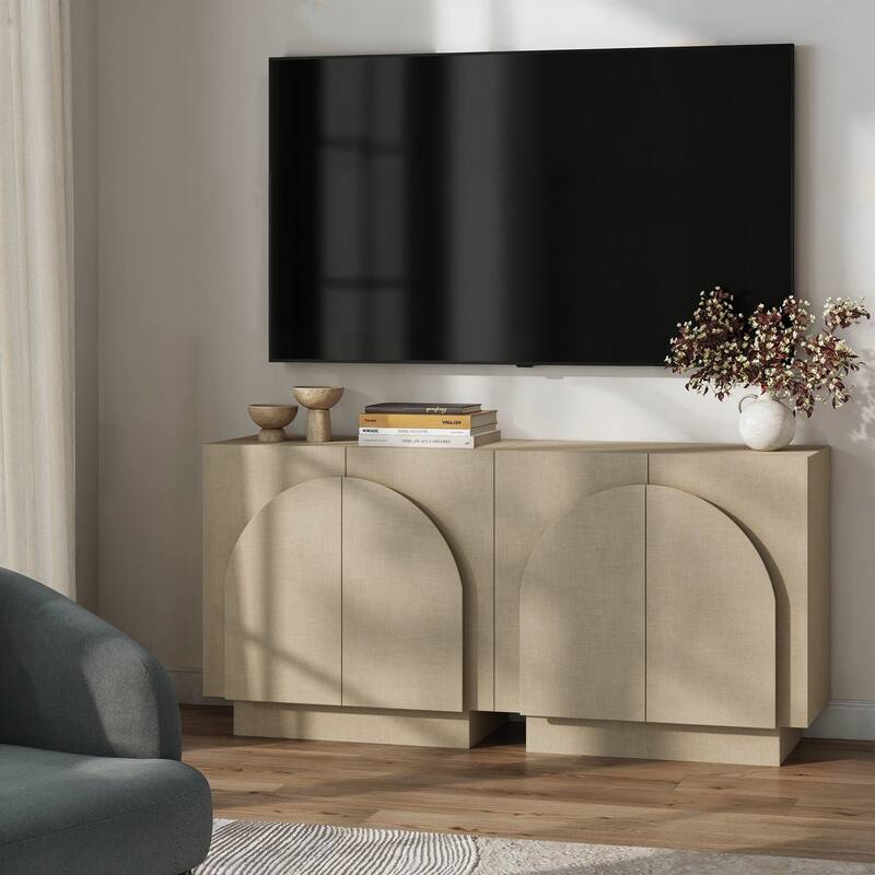 Iris Wooden Accent Cabinet, Sideboard Credenza or TV Stand with Arched Cabinet Doors and Adjustable Shelves - Set of 2 - Beige Linen