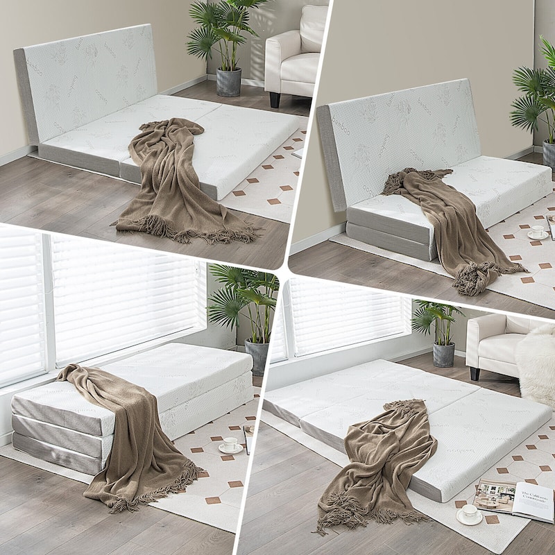 4-Inch White Grey Tri-Fold Design Memory Foam Mattress with Cooling Gel for Home or Travel