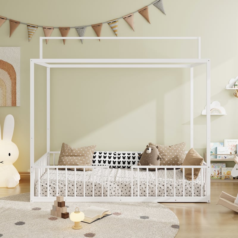 3-in-1 Convertible Montessori Metal floor bed,Fenced toddler bed with Sturdy Metal Slats Support