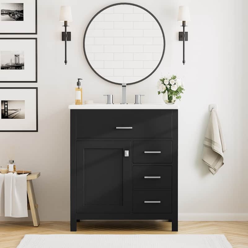 30 in. W x 18.3 in. D x 33.6 in. H Single Sink Freestanding Bath Vanity with White Ceramic Top - 30" x 18" - Painted - Black