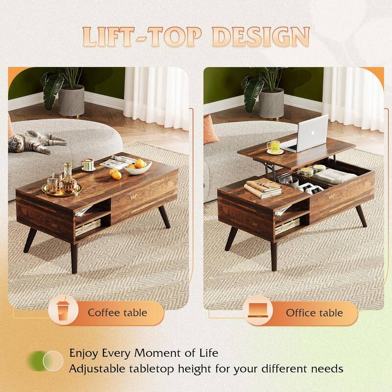 Wood Lift Top Coffee Table with Hidden Compartment and Adjustable Storage Shelf, Lift Tabletop Dining Table
