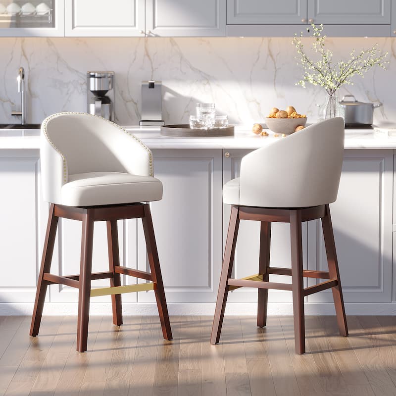 Swivel Bar Stools Upholstered Wood Bar Stools - Set of 2 - Ivory-White