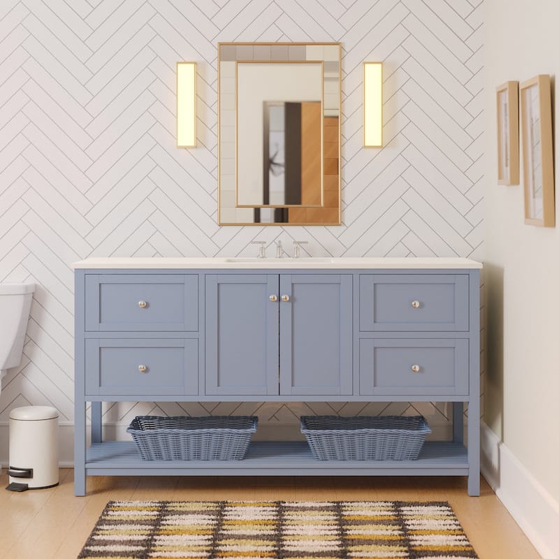 KitchenBathCollection Lakeshore 60" Single Bathroom Vanity with Engineered White Top - Powder Blue