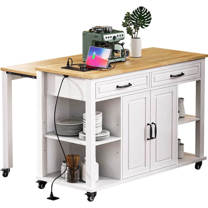 Modern Kitchen Island with Retractable Dining Table, Interior Storage Shelf, Power Socket, 2 Drawers and 2 Cabinets, for Kitchen