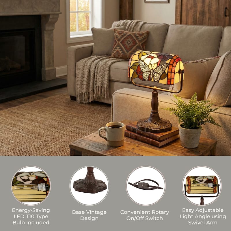 Tiffany Style Bankers Lamp-Vintage Stained Glass Butterfly LED Desk Light by Lavish Home