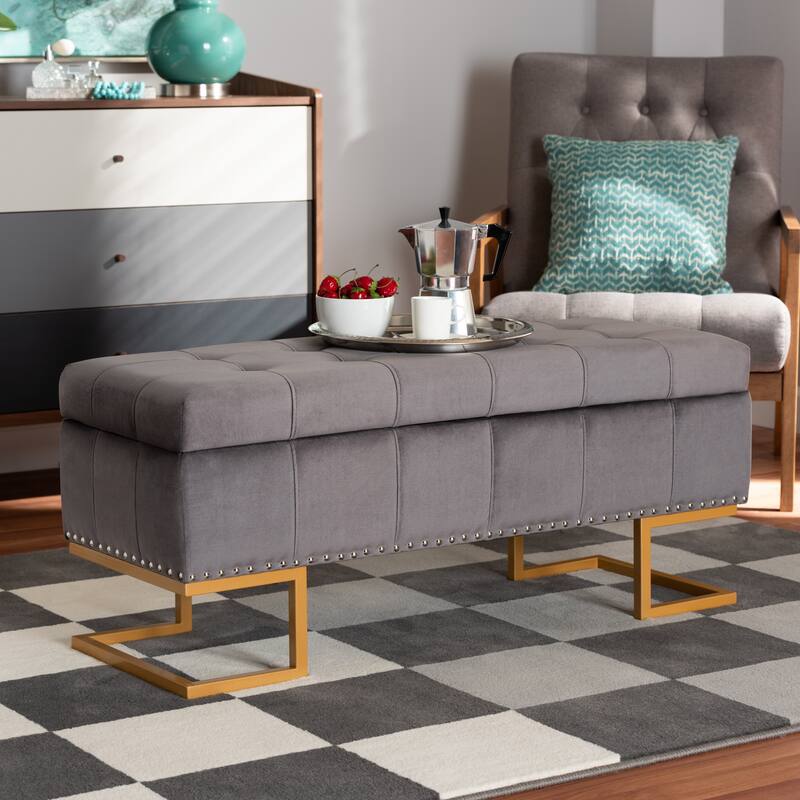 Ellery Luxe and Glam Velvet and Gold Finished Metal Storage Ottoman