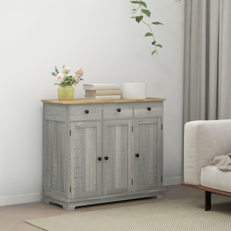 Sideboard with Solid Wood Countertop, Modern Kitchen Storage Cabinet, Coffee Bar Cabinet with 3 Drawers - Light Gray
