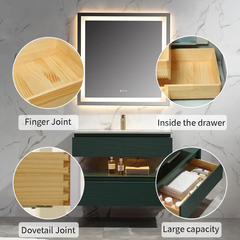 Modland 36''/48'' Floating Bathroom Vanity with ETL-Certified LED Lighting, Soft-Close Drawers & Waterproof, Green