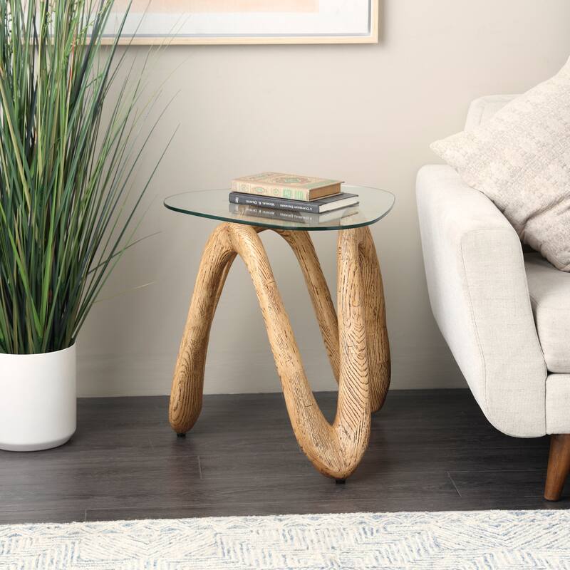 Light Brown Polystone Wood Inspired Wavy Abstract Accent Table with Glass Tabletop - Light Brown