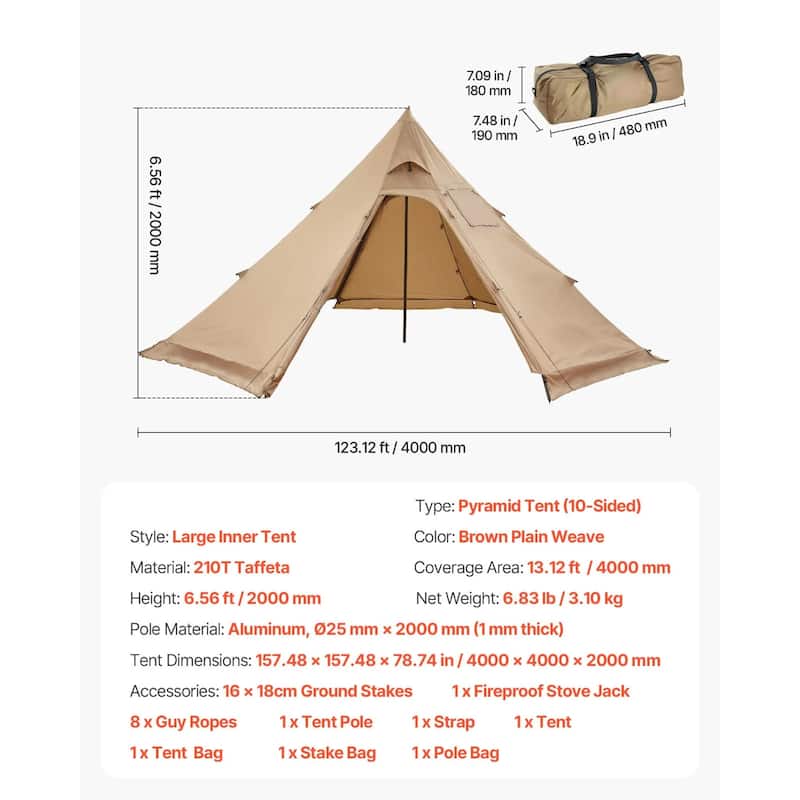 Large Pyramid Camping Tent with Stove Jack and Windproof Waterproof 4-Season Outdoor Shelter