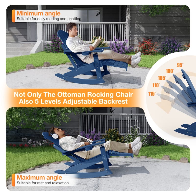 WINSOON HIPS Outdoor Rocking Chair with Adjustable Backrest and Retractable Ottoman-Set of 2