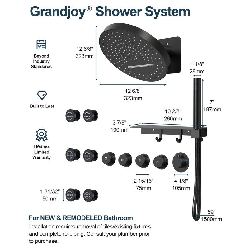 GRANDJOY Shower Faucet Set 12 inch Wall Mount Rainfall Waterfall Shower Head Body Jets Handheld Spray Thermostatic Valve