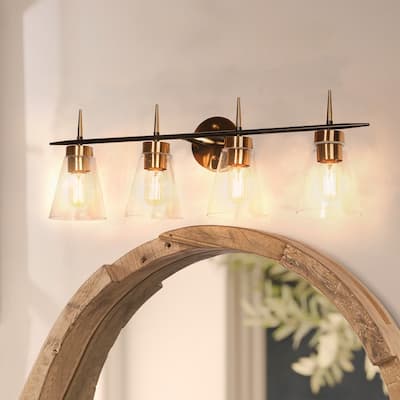29 in. 4-Light Mid-Century Modern Black Antique Brass Vanity Light with Clear Glass Shade - 29" W x 10" H x 7" D