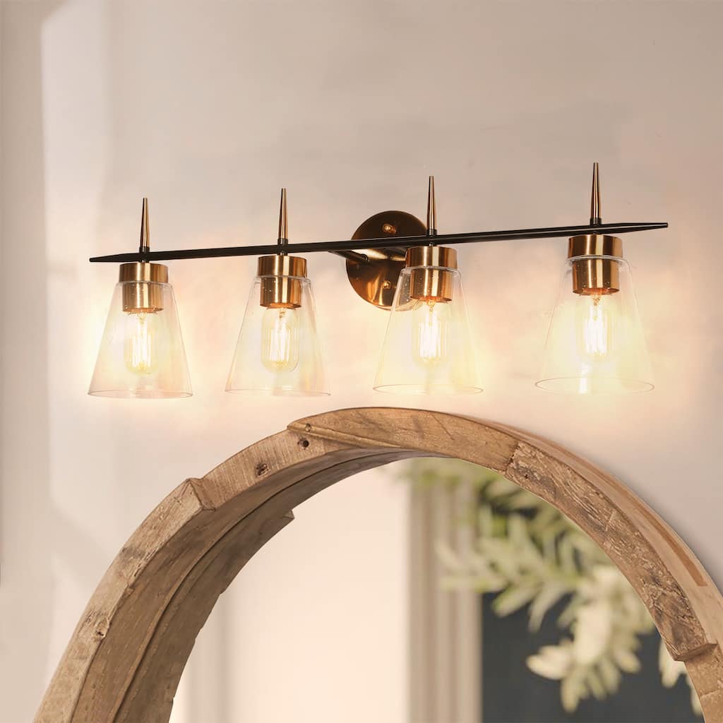29 in. 4-Light Mid-Century Modern Black Antique Brass Vanity Light with Clear Glass Shade - 29" W x 10" H x 7" D