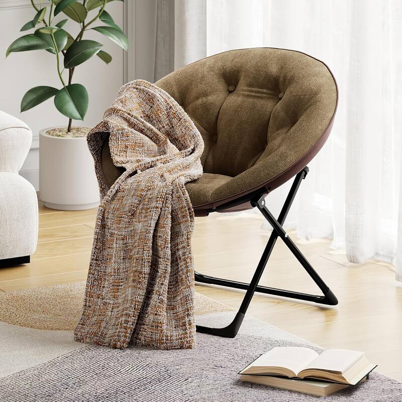 Comfy Folding Saucer Chair for Bedroom, Faux Fur Lounge Moon Chair with Sturdy Metal Frame, Oversized Plush Flower