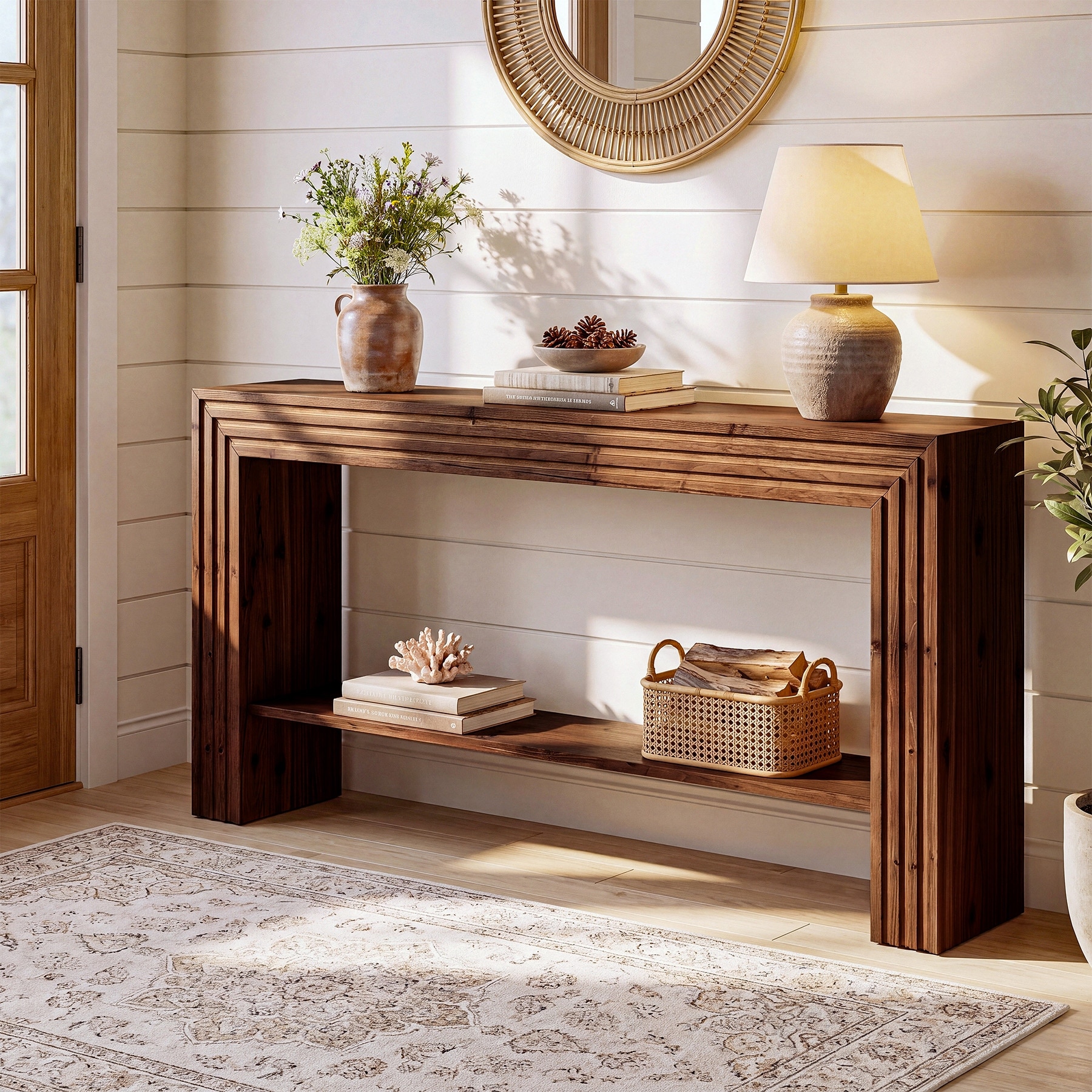 Solid Wood Entryway Table with Storage, Farmhouse Console Table, Rectangular Sofa Table Behind Couch