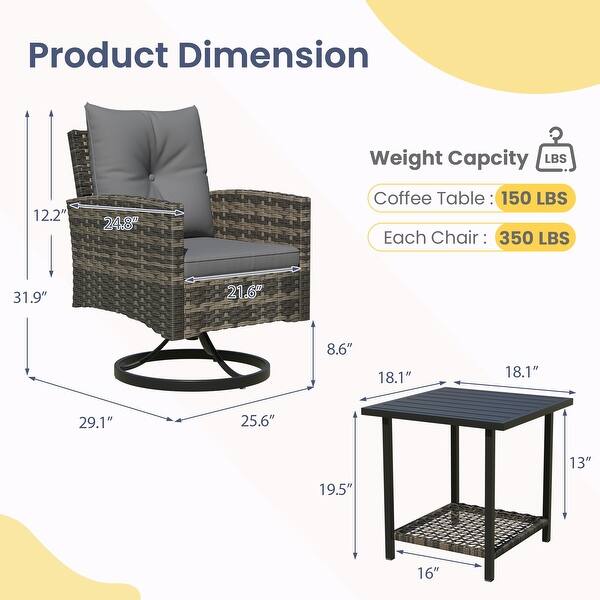 dimension image slide 0 of 6, Outdoor Swivel Rocker Patio Chairs Set of 2 with Coffee Table &Cushions, Rattan Bistro Set for Porch, Backyard, Balcony