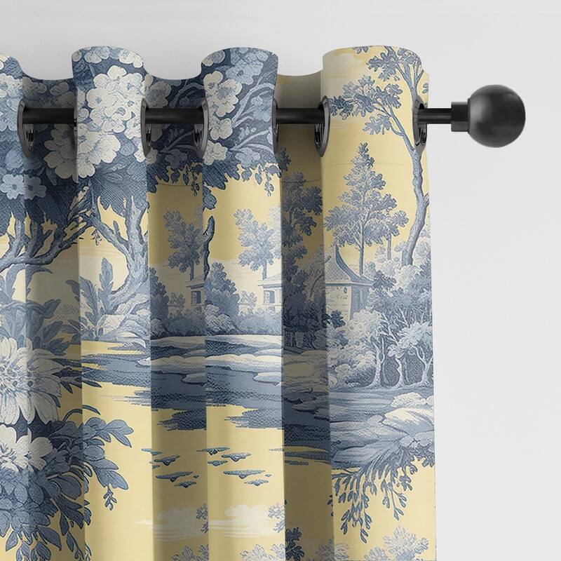 6ix Tailors Giverny Toile Butter Yellow Pinch Pleat Double Width Drapery Panels Set of 2