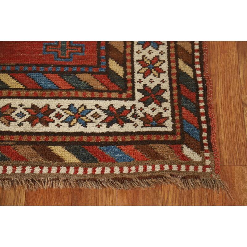 Hand Knotted Oriental 100% Wool Carpet Traditional Tribal Red Kazak Runner Rug - 13' 3'' X 3' 10''