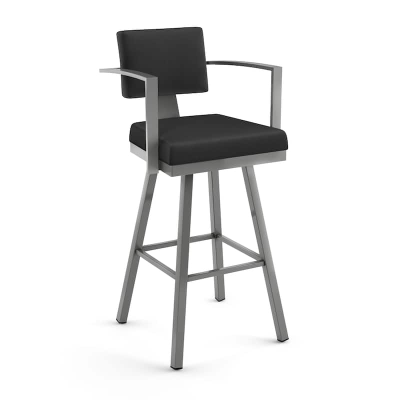 Amisco Akers Swivel Bar Stool - Black Faux Leather / Glossy Grey Metal
