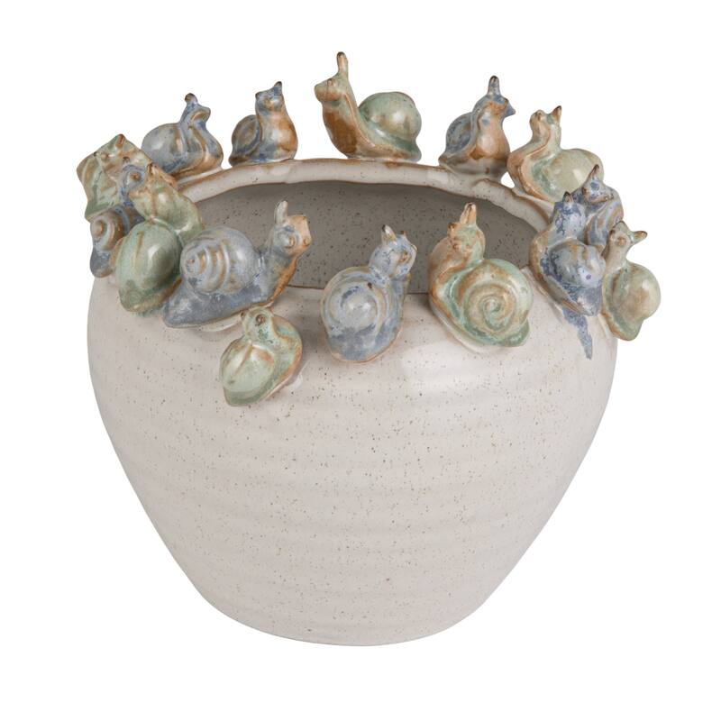 Stoneware Planter with 3D Snails on Rim in Reactive Speckled Glaze - 7.13"L x 6.88"W x 6.13"H