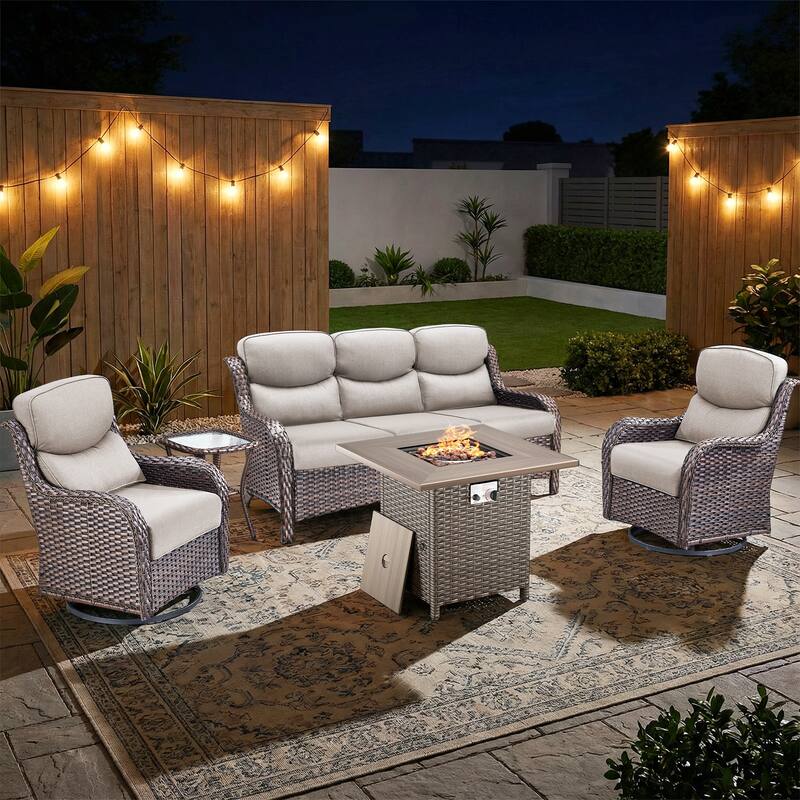 Pocassy Outdoor Propane Fire Pit Table with Sofa Swivel Chair Funiture Set. - Brown Wicker Beige Cushion - 5-Piece Sofa Swivel Chair Table w/ Fie Pit Table