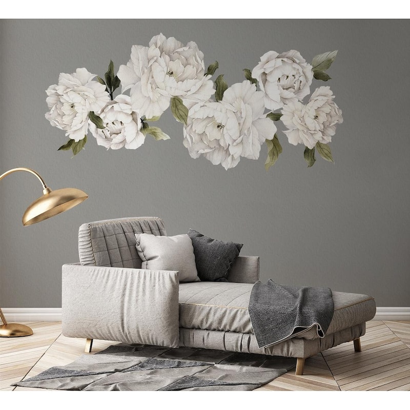 White Peony Flowers Removable Floral Wall Decal Set