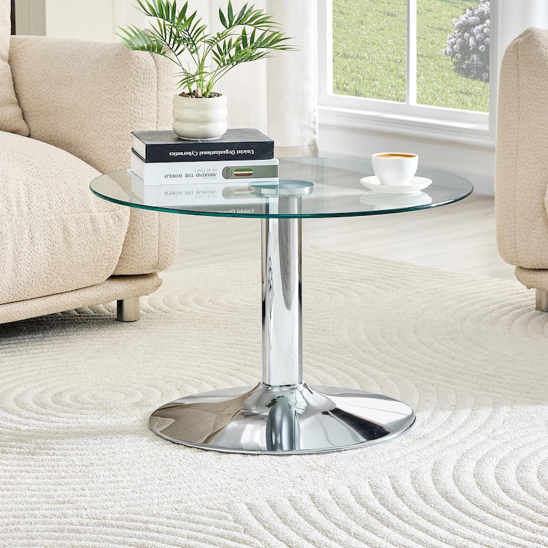 Roomfitters 27.5-Inch Round Tempered Glass Coffee Table, Metal Base, Circular Center Table, Modern Minimalist - Silver,Transparent