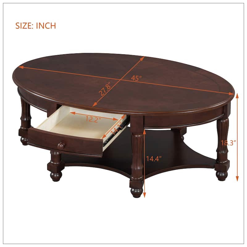 Vintage Oval Coffee Table with Drawer and Storage Shelf