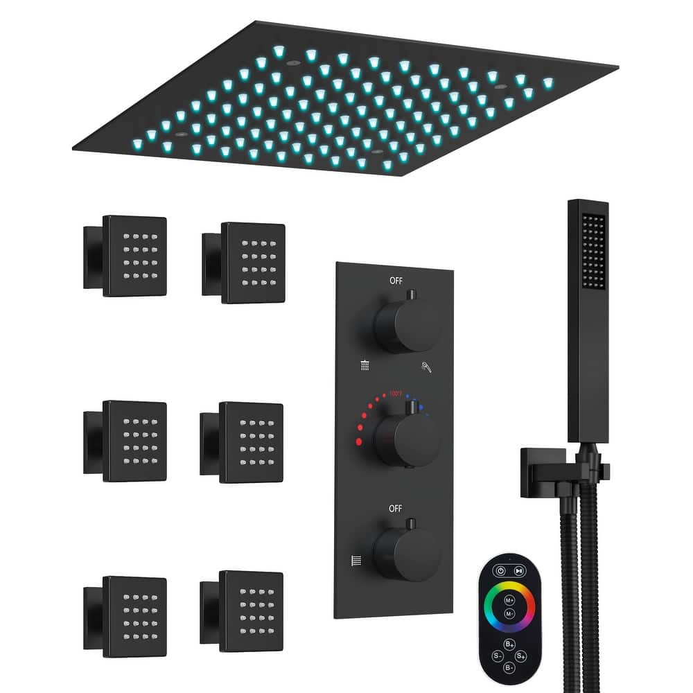 GRANDJOY 12" Ceiling-Mount Shower System with LED Rainfall Head, Handheld Spray and 6 Body Jets