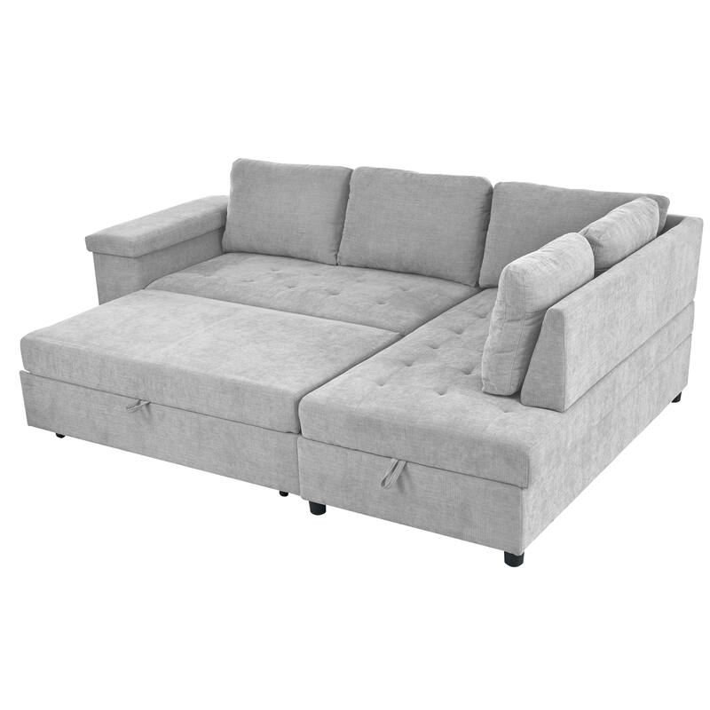 91.5" Polyester L-Shaped Sectional Sofa with Pull-Out Bed, Hidden Storage and Wide Storage Armrests