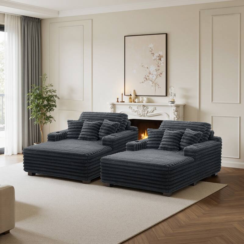 2 Set Flannel Upholstery Dual Cup Holde Chaise Lounge