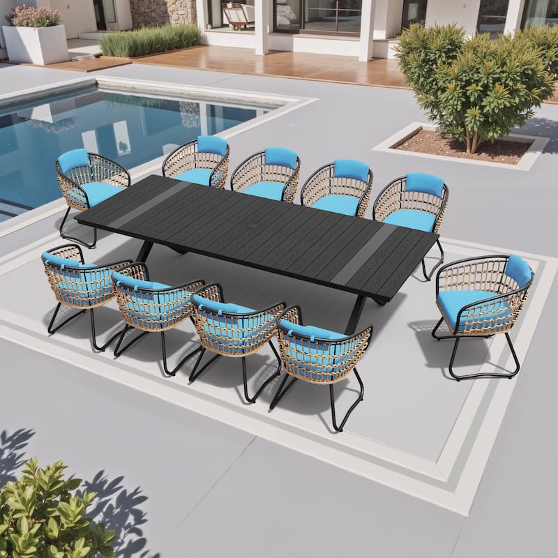 11-Piece Outdoor Dining Set Aluminum Dining Table with Cushioned PE Rattan Chairs - Black table with blue cushion chair