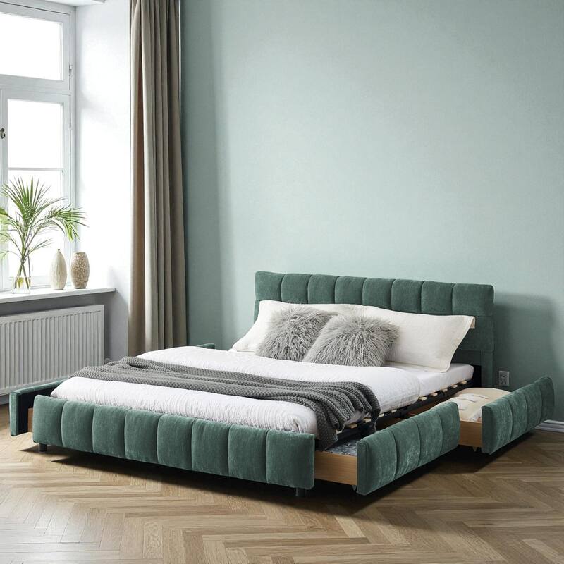 Queen Upholstered Platform Bed with Chenille Fabric, Soft Headboard & Underbed Storage Drawer, Solid Bed Frame