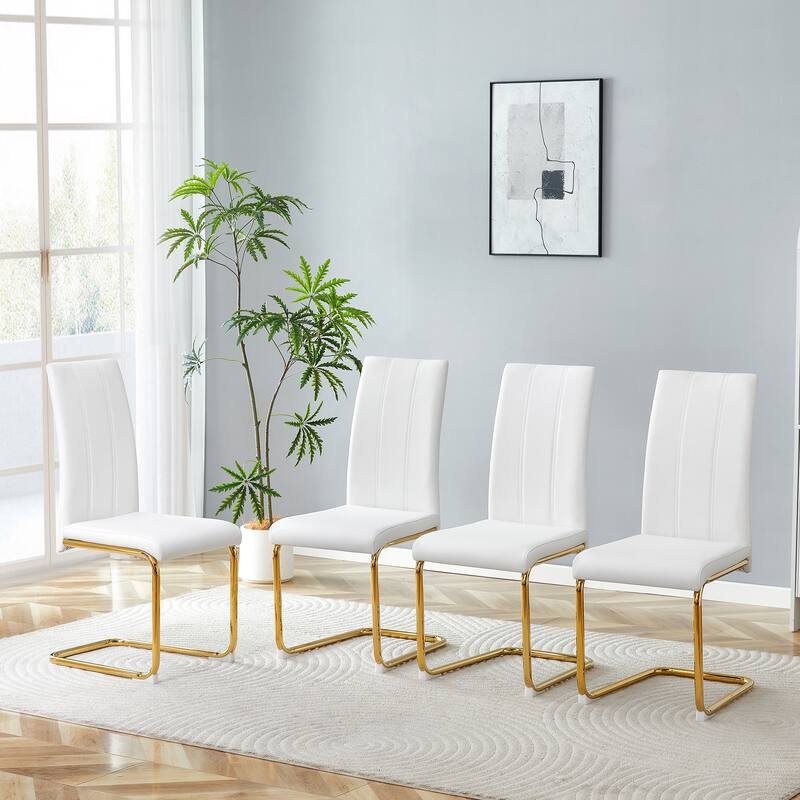 4-Pack PU Upholstered Dining Chairs - Modern High-Back Side Chairs with Luxury Gold-Plated Iron Tube Legs for Dining Room - Gold,White