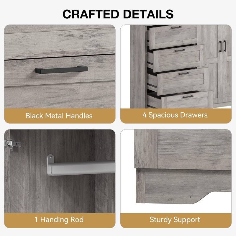 43.3" Armoire Wardrobe Closet with 4 Drawers & 2 Doors, Hanging Rod, Compact Wooden Storage Cabinet for Bedroom