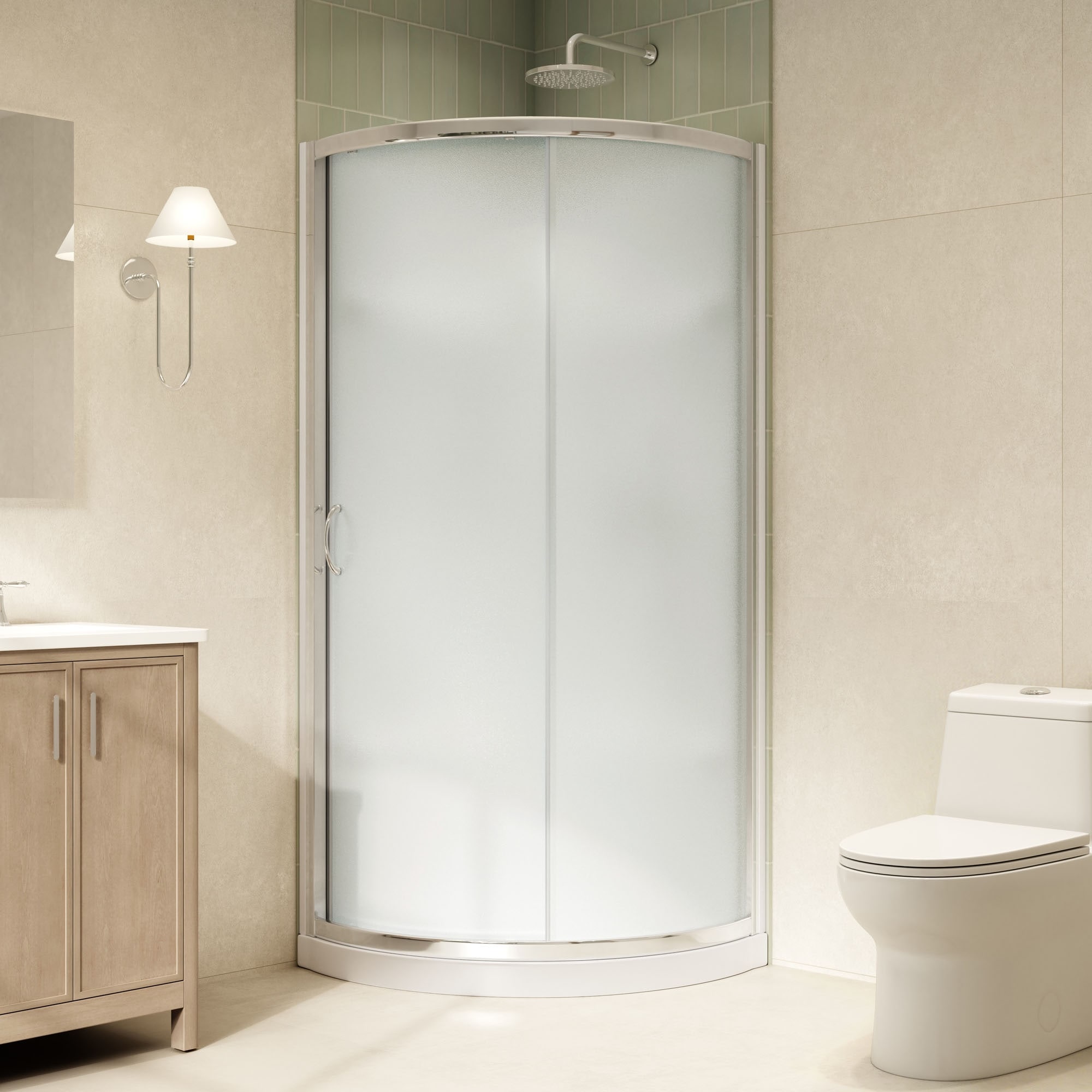 OVE Breeze Round Shower Kit, Frosted Door, Walls and Pan