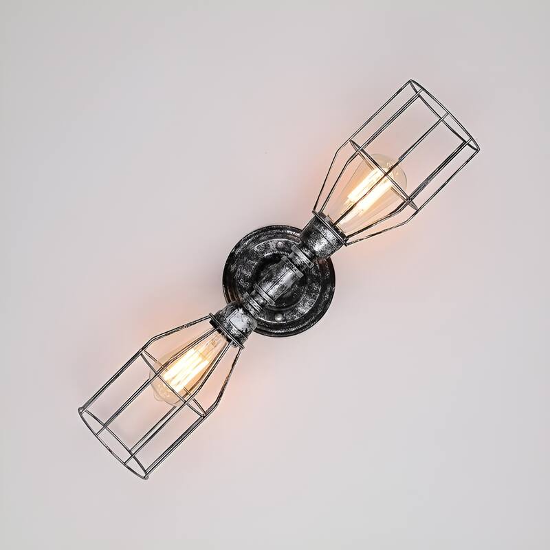 2-Light Water Pipe Wall Sconce with Metal Cages - Antiqued Vintage Industrial Light