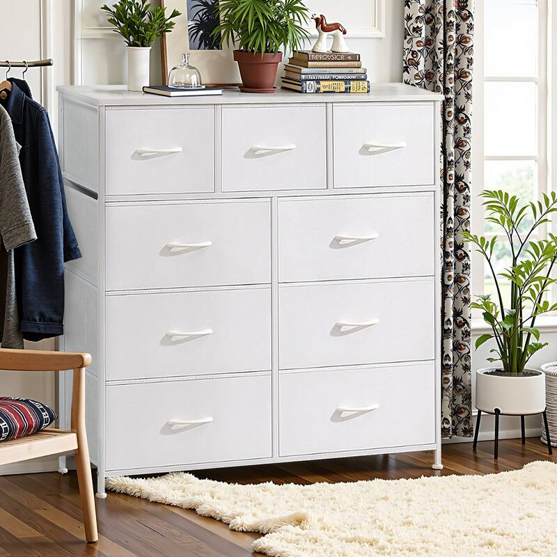 Dresser for Bedroom, Storage Organizer with 9 Drawers, Chest of Drawers with Fabric Bins, Sturdy Metal Frame, Wood Tabletop - White