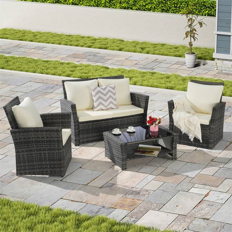 4 Pieces Outdoor Patio Furniture Sets,Garden Rattan Chair Wicker Set - N/A